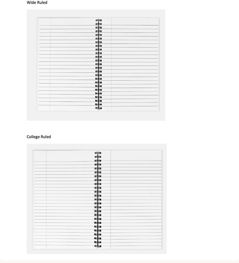 Peut inclure: Deux carnets &agrave; spirales ouverts pr&eacute;sent&eacute;s c&ocirc;te &agrave; c&ocirc;te. Le carnet du haut est &eacute;tiquet&eacute; Wide Ruled avec des lignes horizontales plus larges, et le carnet du bas est &eacute;tiquet&eacute; College Ruled avec des lignes horizontales plus serr&eacute;es sur les pages.