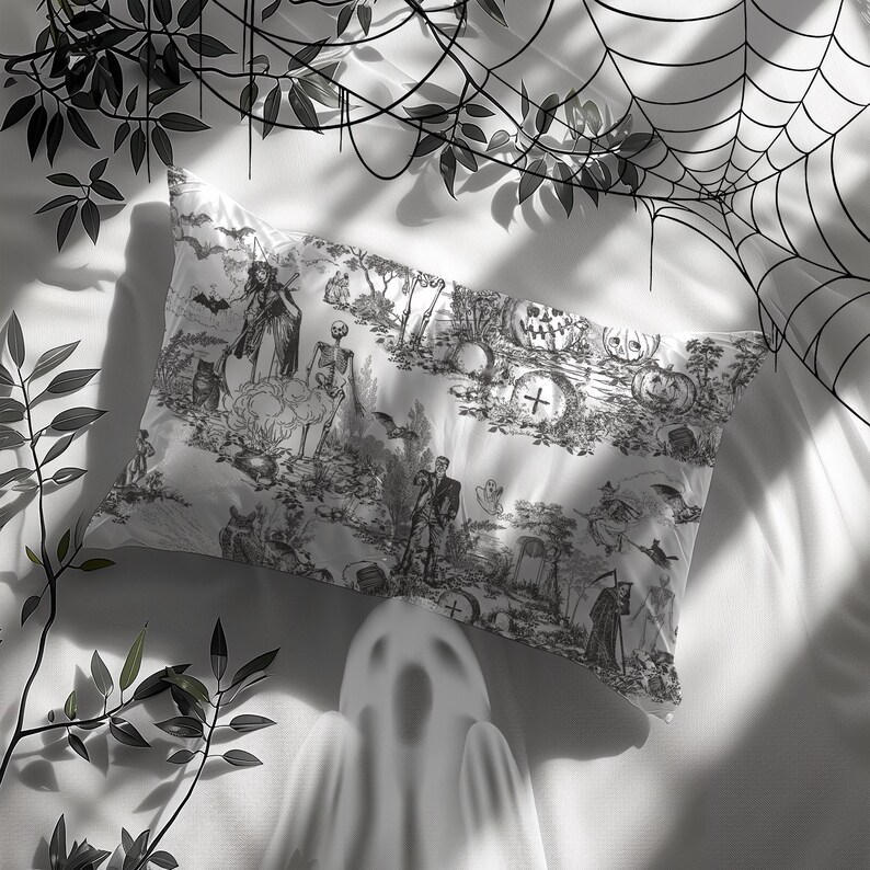 May include: A white pillowcase with a black and white Halloween-themed print featuring a witch, a skeleton, pumpkins, and a cross. The print is reminiscent of a vintage toile pattern.