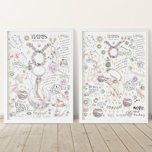 May include: Two white framed prints with black outlines, each featuring a hand-drawn illustration of the Taurus zodiac sign. The illustrations are filled with details like stars, flowers, and planets. The text "Taurus April 20-May 20" is written at the top of each print. The left print includes the text "Venus Born to Thrive" and "Destined to Persist". The right print includes the text "Down to Earth" and "Nope. Not Today".