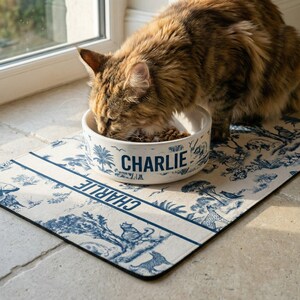 A brown and white cat is eating food from a bowl placed on a decorative mat with the name "Charlie" printed on it.