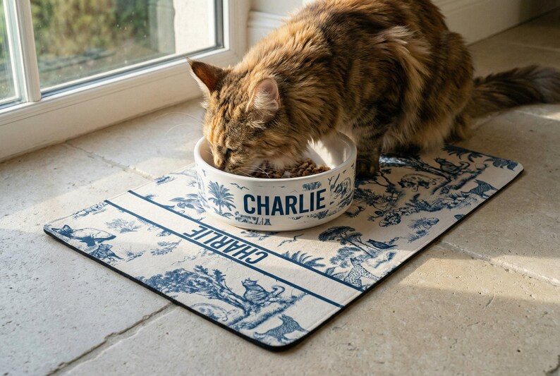 A brown and white cat is eating food from a bowl placed on a decorative mat with the name "Charlie" printed on it.