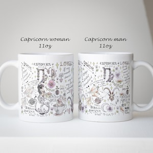 Puede incluir: Dos tazas de cer&aacute;mica blanca con ilustraciones y texto relacionados con el signo zodiacal de Capricornio. Una taza est&aacute; etiquetada como "Capricornio mujer" y la otra como "Capricornio hombre". Cada taza tiene una capacidad de 312 ml y presenta dibujos detallados.