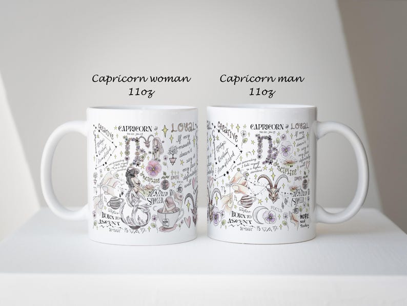 Puede incluir: Dos tazas de cer&aacute;mica blanca con ilustraciones y texto relacionados con el signo zodiacal de Capricornio. Una taza est&aacute; etiquetada como "Capricornio mujer" y la otra como "Capricornio hombre". Cada taza tiene una capacidad de 312 ml y presenta dibujos detallados.