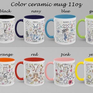 Puede incluir: Tazas de cer&aacute;mica de color, 11oz, en varios colores como negro, azul marino, azul, verde, naranja, rojo, rosa y amarillo. Cada taza presenta un dise&ntilde;o &uacute;nico con tem&aacute;tica zodiacal con ilustraciones y texto detallados. Las tazas tienen asas e interiores de colores.