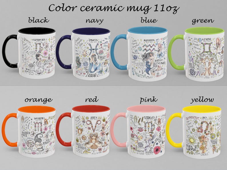 Puede incluir: Tazas de cer&aacute;mica de color, 11oz, en varios colores como negro, azul marino, azul, verde, naranja, rojo, rosa y amarillo. Cada taza presenta un dise&ntilde;o &uacute;nico con tem&aacute;tica zodiacal con ilustraciones y texto detallados. Las tazas tienen asas e interiores de colores.