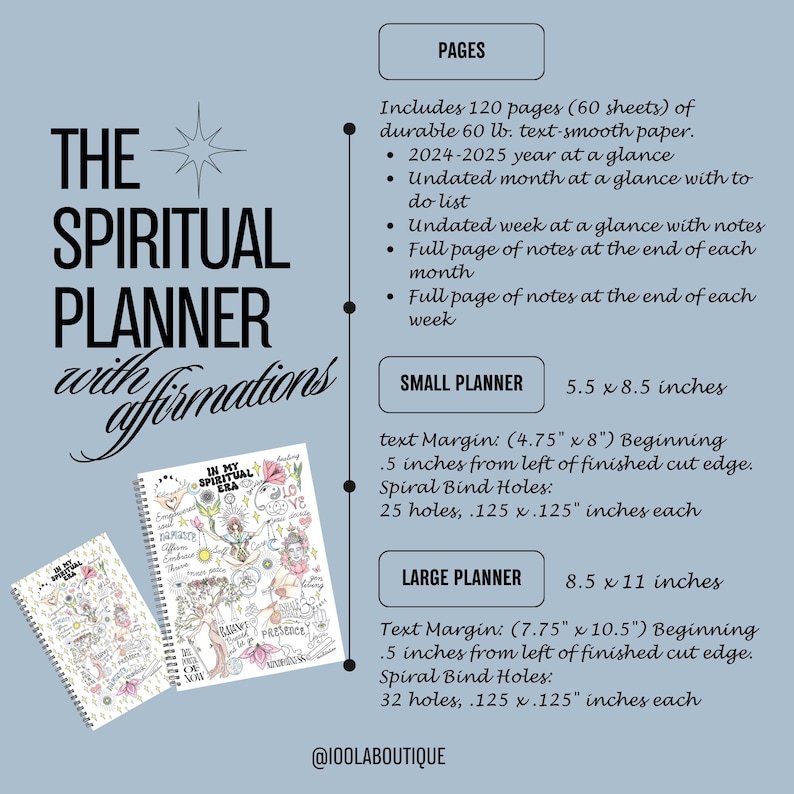 Peut inclure: Le Spiritual Planner with affirmations pr&eacute;sente deux agendas &agrave; reliure spirale avec des couvertures illustr&eacute;es. Les sp&eacute;cifications incluent 120 pages de papier de 60 lb, un petit agenda de 14 x 21,6 cm et un grand de 21,6 x 28 cm.