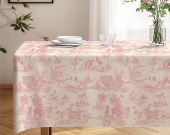 Rosa Ostern Toile Tischdecke Osterhase Dekor Ostern Esstisch Dekor Familie Party Tischdecke Elegantes Osterdekor Luxusästhetik