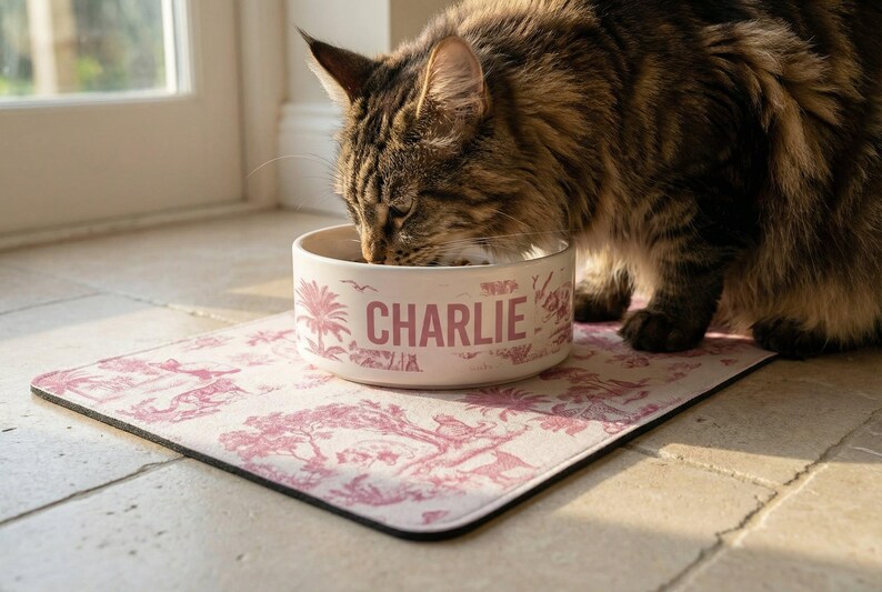 A brown and black cat is eating from a bowl with the name "CHARLIE" printed on it, placed on a pink and white patterned mat.
