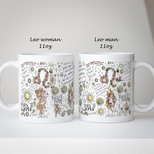Puede incluir: Dos tazas de cer&aacute;mica blanca con un dise&ntilde;o del signo zodiacal Leo. Las tazas presentan ilustraciones de leones, girasoles y elementos celestiales. El texto incluye "BORN TO GLOW". Cada taza tiene una capacidad de unos 325 ml.
