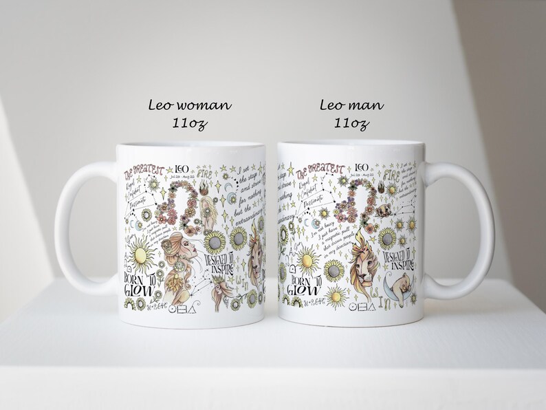 Puede incluir: Dos tazas de cer&aacute;mica blanca con un dise&ntilde;o del signo zodiacal Leo. Las tazas presentan ilustraciones de leones, girasoles y elementos celestiales. El texto incluye "BORN TO GLOW". Cada taza tiene una capacidad de unos 325 ml.