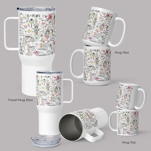 May include: Set of five white ceramic mugs with a colorful design featuring the word "Peace" and various symbols. The mugs come in three sizes: 11 oz, 15 oz, and 25 oz travel mug.
