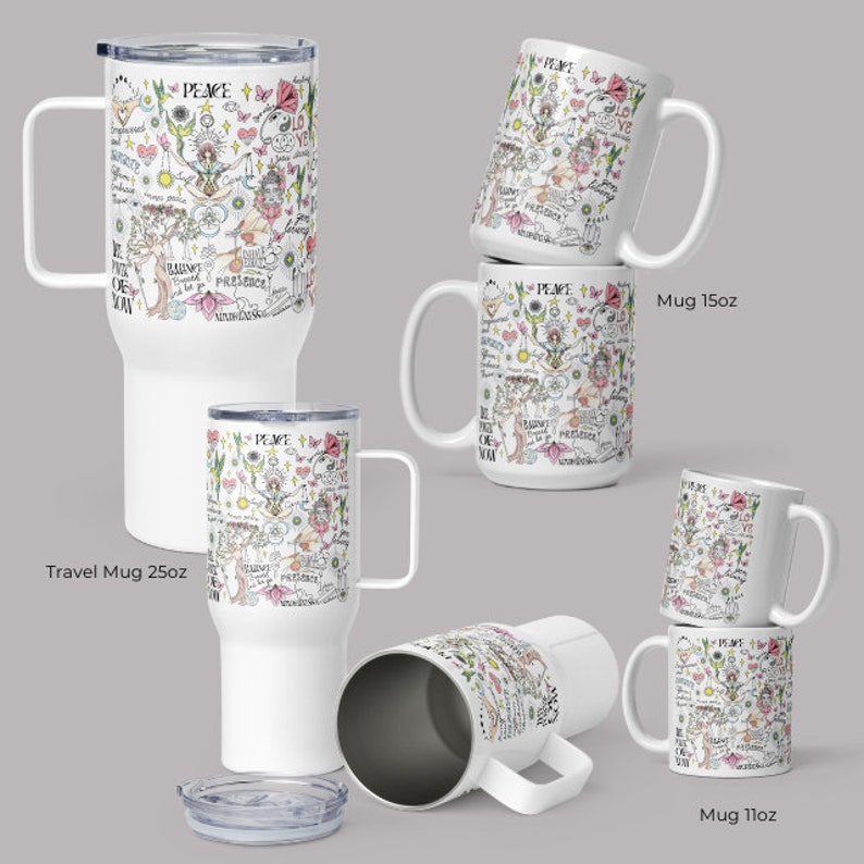 May include: Set of five white ceramic mugs with a colorful design featuring the word "Peace" and various symbols. The mugs come in three sizes: 11 oz, 15 oz, and 25 oz travel mug.