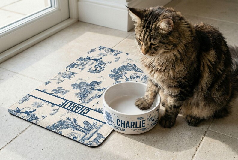 A tabby cat is sitting on a tiled floor next to a white bowl with the name "Charlie" printed on it.