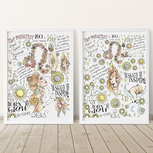May include: Two white framed prints with a white background and black outlines. The prints feature a hand-drawn illustration of the Leo zodiac sign with the text "The Greatest Leo" and "Designed to Inspire". The illustrations are filled with yellow, orange, and pink colors.