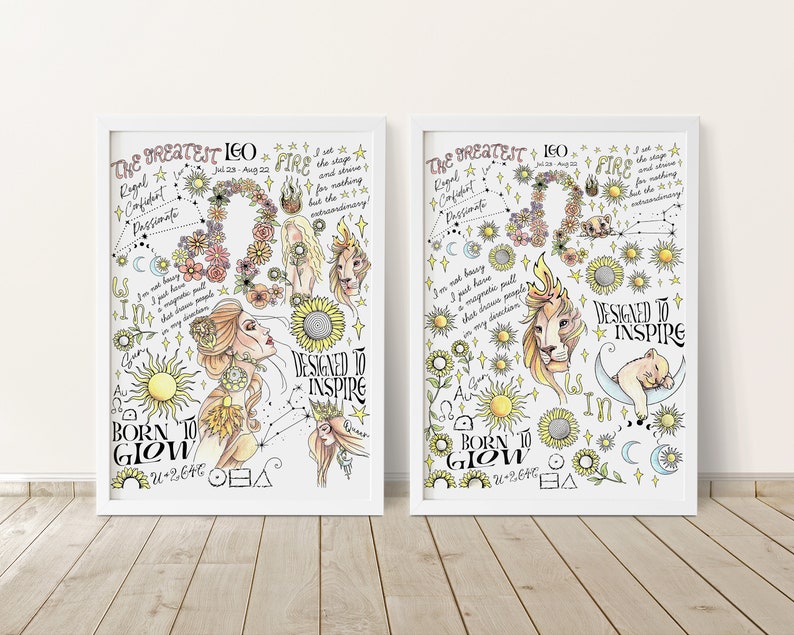 May include: Two white framed prints with a white background and black outlines. The prints feature a hand-drawn illustration of the Leo zodiac sign with the text "The Greatest Leo" and "Designed to Inspire". The illustrations are filled with yellow, orange, and pink colors.