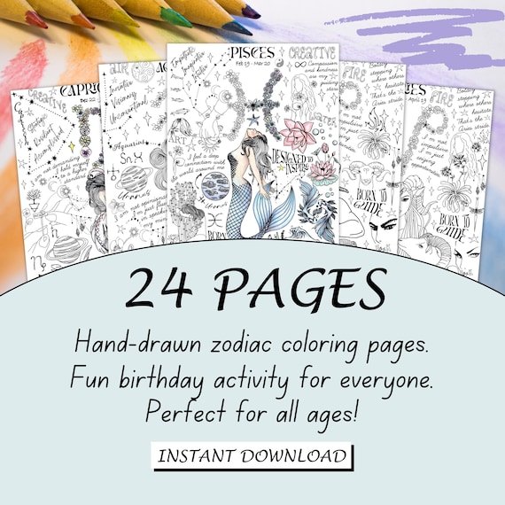 Zodiac Adult Coloring Book Printable Astrology Coloring Pages Birthday Party Activity Birthday Party Favor Download Wall Art Therapy Gift