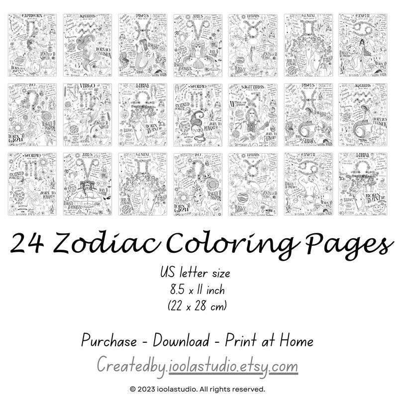 Może przedstawiać: 24 czarno-białe strony do kolorowania przedstawiające znaki zodiaku. Każda strona ma rozmiar 8,5 cala na 11 cali, czyli 22 centymetry na 28 centymetr&oacute;w.