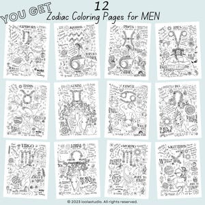 Zestaw 24 kolorowanek ze znakami zodiaku. Kolorowanka astrologiczna do druku. Aktywność na przyjęcie urodzinowe. Pobierz cyfrowo. Sztuka ścienna. Terapia. Prezent dla dorosłych nastolatków. zdjęcie 4