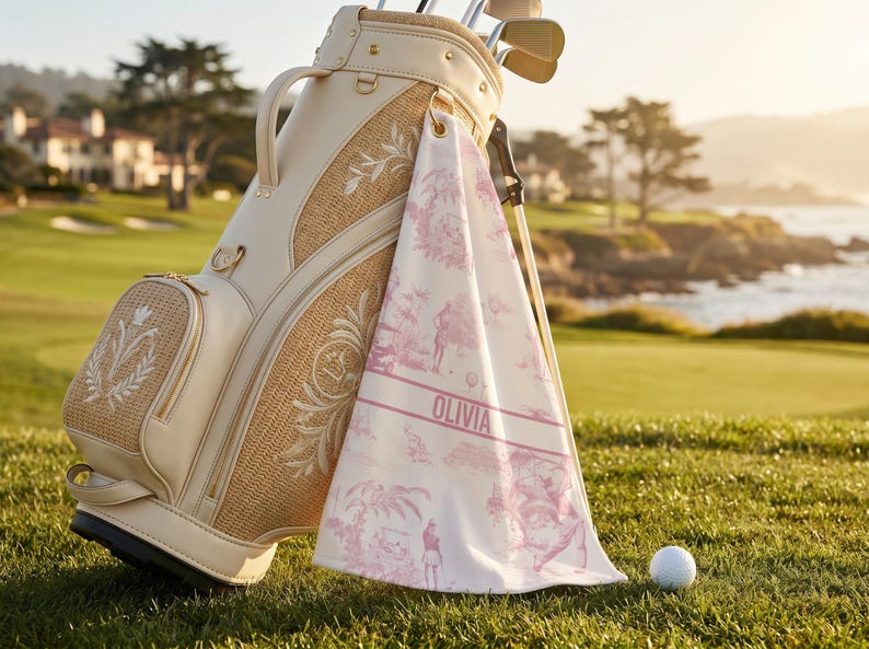 May include: A beige golf bag with a woven texture and embroidered floral designs, paired with a matching towel featuring a pink toile pattern and the name "OLIVIA". A golf ball rests on the green grass.