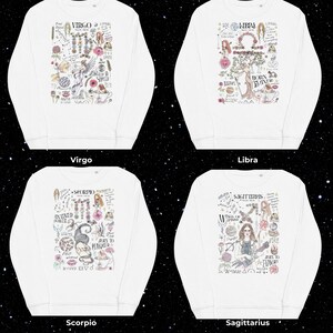 Peut inclure: Quatre sweats blancs avec diff&eacute;rents signes du zodiaque imprim&eacute;s dessus. Chaque sweat pr&eacute;sente un design unique avec des illustrations et du texte li&eacute;s au signe du zodiaque. Les signes sont Vierge, Balance, Scorpion et Sagittaire.
