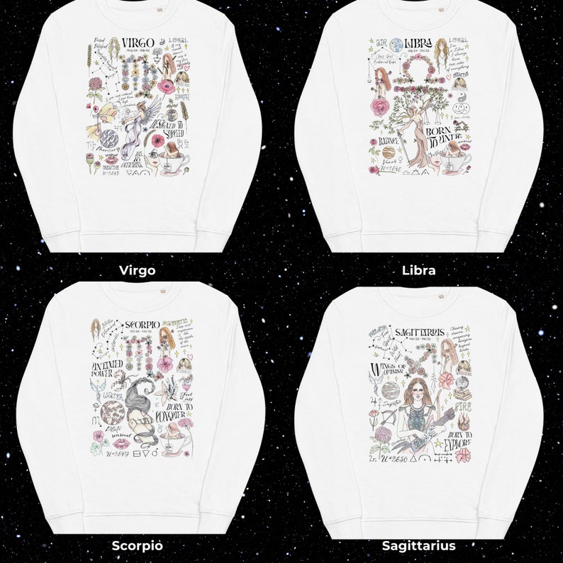 Peut inclure: Quatre sweats blancs avec diff&eacute;rents signes du zodiaque imprim&eacute;s dessus. Chaque sweat pr&eacute;sente un design unique avec des illustrations et du texte li&eacute;s au signe du zodiaque. Les signes sont Vierge, Balance, Scorpion et Sagittaire.