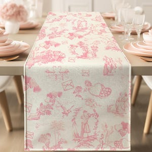 Tischläufer „Toile“ zum Jubiläum, zartrosa, mit Liebesmotiv, luxuriöse und festliche Tischdekoration, Geschenk für Küche und Esszimmer