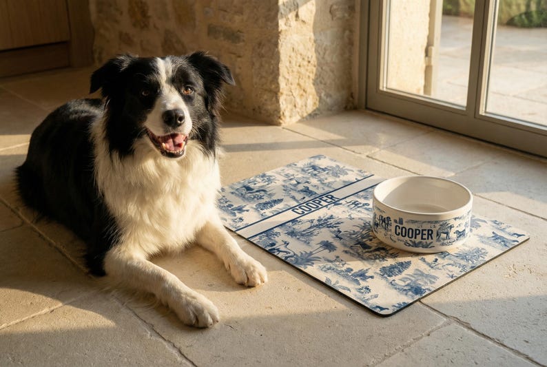 A black and white dog is sitting on the floor next to a white bowl with the word "COOPER" printed on it.