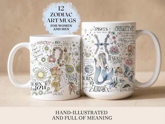 Custom Zodiac Mug Pisces Coffee Cup Whimsical Astrology Libra Birthday Scorpio Family Party Favor Witchy Affirmation Christmas Gift Daughter