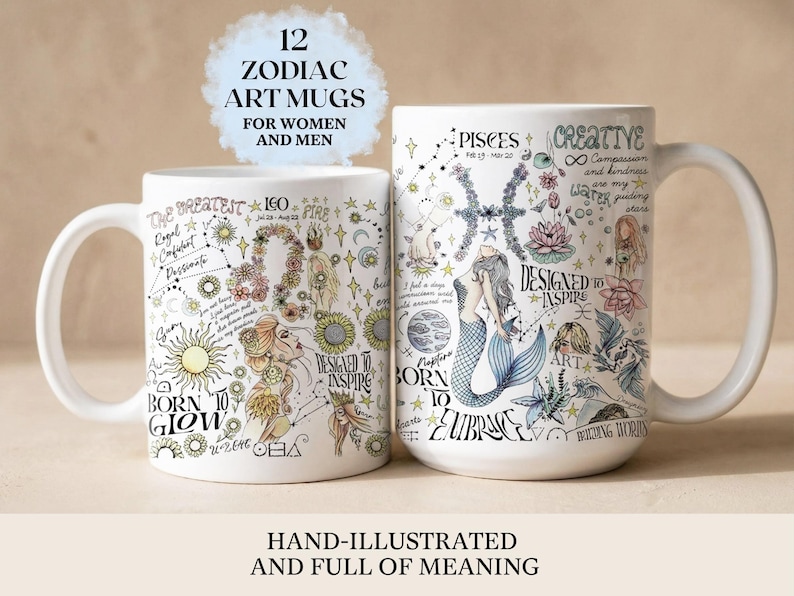Taza del zodíaco personalizada Taza de café Géminis Astrología caprichosa Leo Cumpleaños Cáncer Recuerdo de fiesta familiar Piscis Afirmación de bruja Regalo Hija imagen 1
