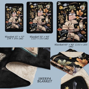 May include: A black sherpa blanket with a whimsical design featuring a stack of books, a witch's hat, owls, and other magical elements. The blanket is available in three sizes: 37" x 57", 50" x 60", and 60" x 80".