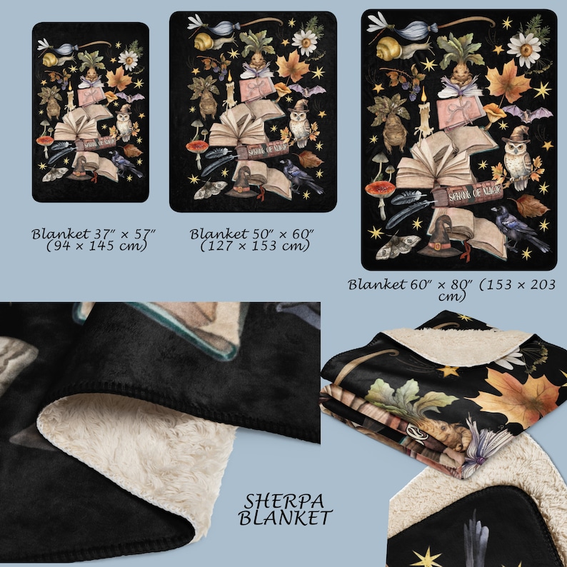 May include: A black sherpa blanket with a whimsical design featuring a stack of books, a witch's hat, owls, and other magical elements. The blanket is available in three sizes: 37" x 57", 50" x 60", and 60" x 80".