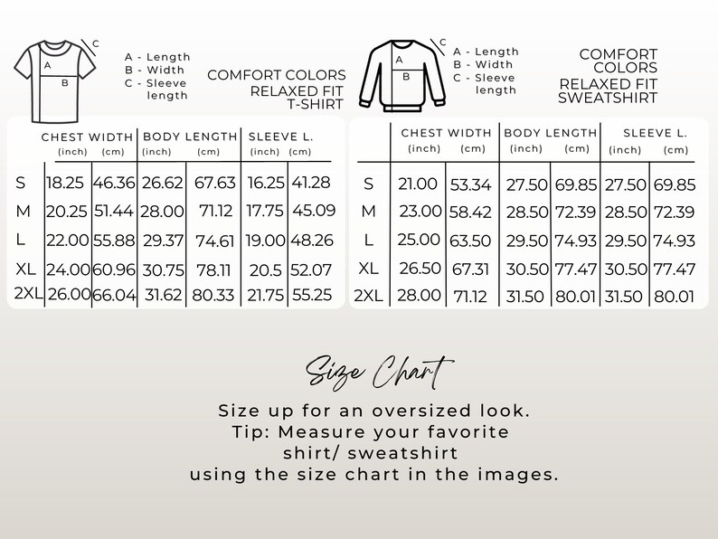Puede incluir: Tabla de tallas para camisetas y sudaderas con medidas en pulgadas y cent&iacute;metros. La tabla muestra el ancho del pecho, la longitud del cuerpo y la longitud de la manga para las tallas S, M, L, XL y 2XL.