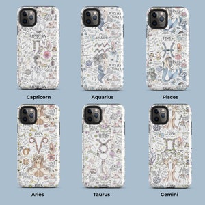 May include: Six different phone cases with zodiac signs. Each case features a white background with a detailed illustration of a zodiac sign, including the sign's symbol, astrological elements, and related imagery. The signs are Capricorn, Aquarius, Pisces, Aries, Taurus, and Gemini.