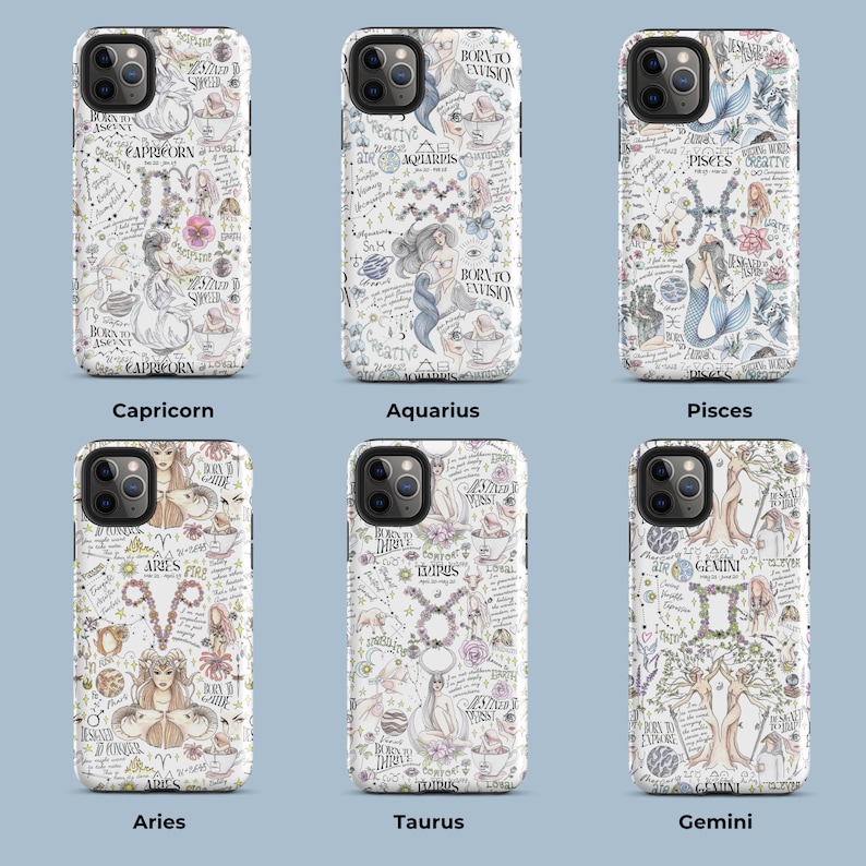 May include: Six different phone cases with zodiac signs. Each case features a white background with a detailed illustration of a zodiac sign, including the sign's symbol, astrological elements, and related imagery. The signs are Capricorn, Aquarius, Pisces, Aries, Taurus, and Gemini.