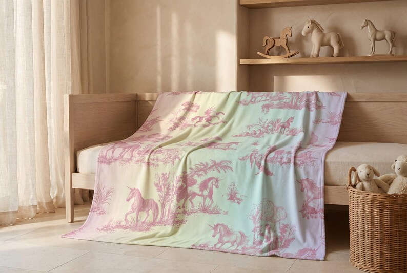 May include: A pastel-coloured blanket with a pink unicorn toile pattern draped over a wooden bed frame. The blanket features a gradient of colours, transitioning from pink to yellow and green. A wicker basket with stuffed animals sits nearby.