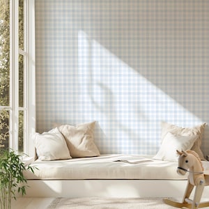 Blue Gingham Wallpaper Peel and Stick Wall Decor Retro Checkered Wall Art for Nursery Living Room Bedroom Kitchen Aesthetic Wall Decor