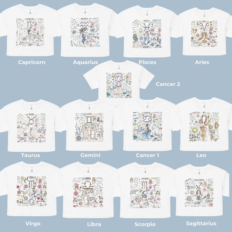 Peut inclure: Douze t-shirts blancs avec des signes du zodiaque et des illustrations color&eacute;s. Chaque t-shirt pr&eacute;sente un signe du zodiaque diff&eacute;rent, notamment Capricorne, Verseau, Poissons, B&eacute;lier, Taureau, G&eacute;meaux, Cancer, Lion, Vierge, Balance, Scorpion et Sagittaire.