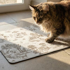 A fluffy cat with a striped coat is walking on a patterned rug in a room with a window.