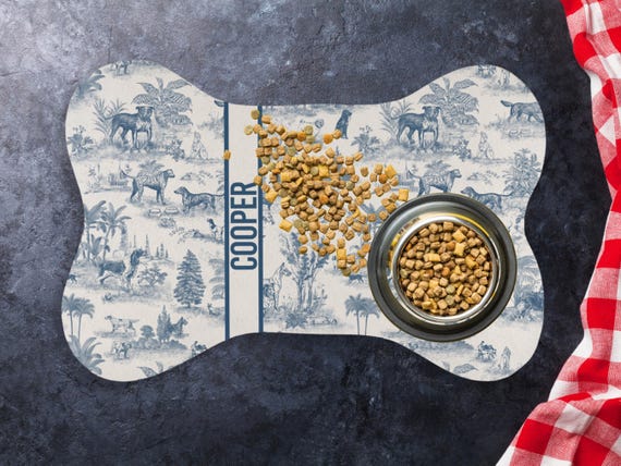 Custom Dog Bowl Mat Bone Shape Personalized Dog Food Feeding Placemat Non Slip Name Toile Luxury Kitchen New Puppy Mother Gift Dog Owner