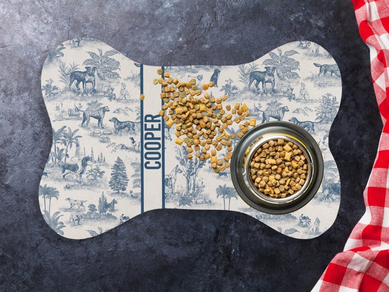 Custom Dog Bowl Mat Bone Shape Personalized Dog Food Feeding Placemat Non Slip Name Toile Luxury Kitchen New Puppy Mother Gift Dog Owner image 1