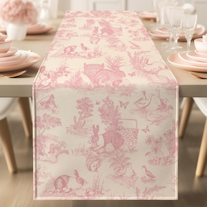 Pink Bunny Toile Table Runner Easter French Country Decor Garden Brunch Setting Romantic Summer Rustic Rabbit Baby Shower Bridal Tea Party