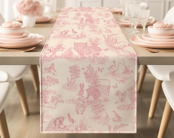 Tischläufer mit rosa Hasen-Toile-Tischdeko, Osterdekoration im französischen Landhausstil, Gartenbrunch-Atmosphäre, romantisches Sommer-Basic-Babyparty-Teeparty mit Kaninchen