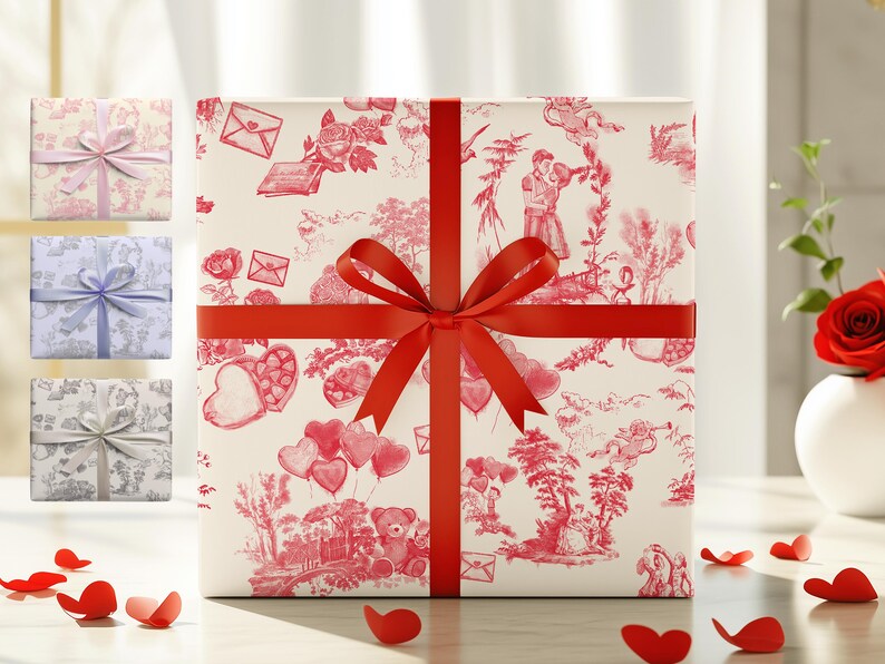 Pu&ograve; includere: Una scatola regalo bianca con un nastro e un fiocco rossi. La scatola &egrave; avvolta in carta con un motivo rosso e bianco di cuori, fiori e altri disegni romantici.