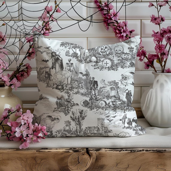 Gothic Throw Pillow Witchy Toile Pillow Goth Skeleton Pumpkin Throw Pillow Spooky Gothic Gift Creepy Gothic Party Decor Victorian Home