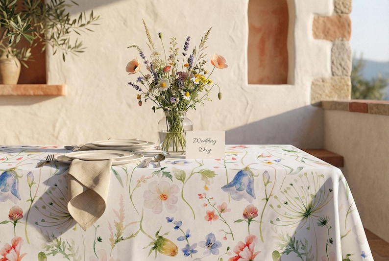 Pu&ograve; includere: Un tavolo apparecchiato per un matrimonio, con una tovaglia floreale bianca, piatti, posate e un tovagliolo piegato. Un vaso di fiori e un biglietto con la scritta "Wedding Day" sono sul tavolo. La scena &egrave; ambientata all'aperto.