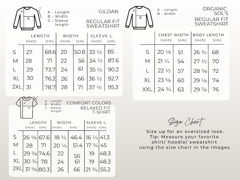 Puede incluir: Tabla de tallas para sudaderas de ajuste regular Gildan y sudaderas de ajuste regular Organic Sol's. La tabla muestra las medidas en pulgadas y cent&iacute;metros para la longitud, el ancho, la longitud de la manga, el ancho del pecho y la longitud del cuerpo. La tabla incluye las tallas S, M, L, XL, XXL.
