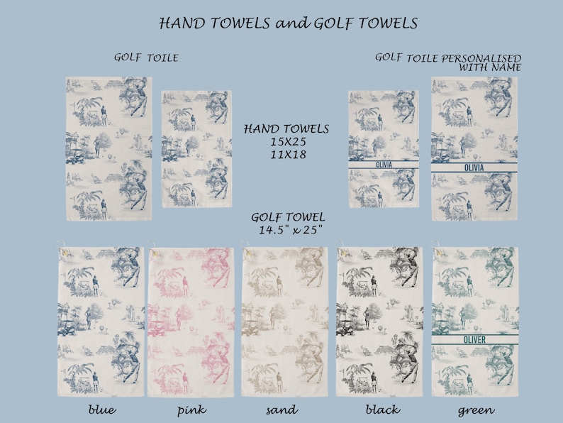 May include: Hand towels and golf towels in various colors. The towels feature a golf-themed toile pattern. Sizes include 15x25 inches, 11x18 inches, and 14.5 x 25 inches. Available in blue, pink, sand, black, and green.