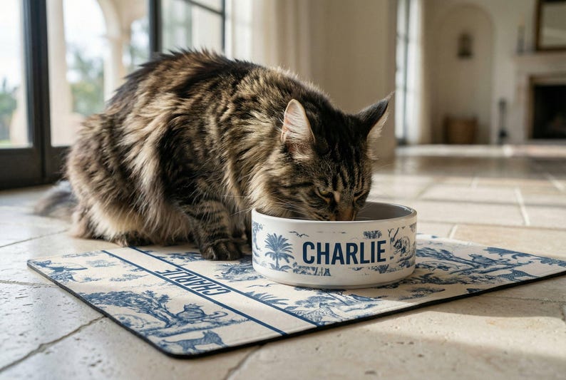 A tabby cat is sitting on a blue and white mat, eating from a white bowl with the name "Charlie" printed on it.