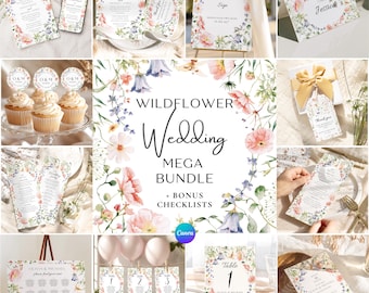 Wildflower Wedding Canva Bundle Invitation Template Set Editable Chart Seating Table Sign Printable Favor Tag Boho Floral Garden Party Decor