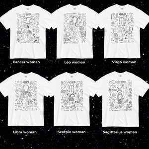 Peut inclure: Six t-shirts blancs avec des motifs graphiques noirs. Chaque t-shirt pr&eacute;sente un signe du zodiaque diff&eacute;rent : Cancer, Lion, Vierge, Balance, Scorpion et Sagittaire. Les motifs comprennent des illustrations et du texte.